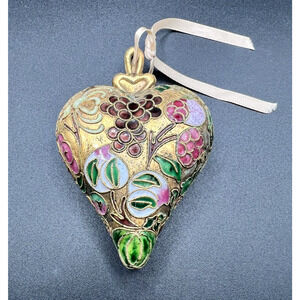 Vintage Cloisonné Heart Christmas Ornament 4” x 3” x 1.5” Enamel over Metal FAB!
